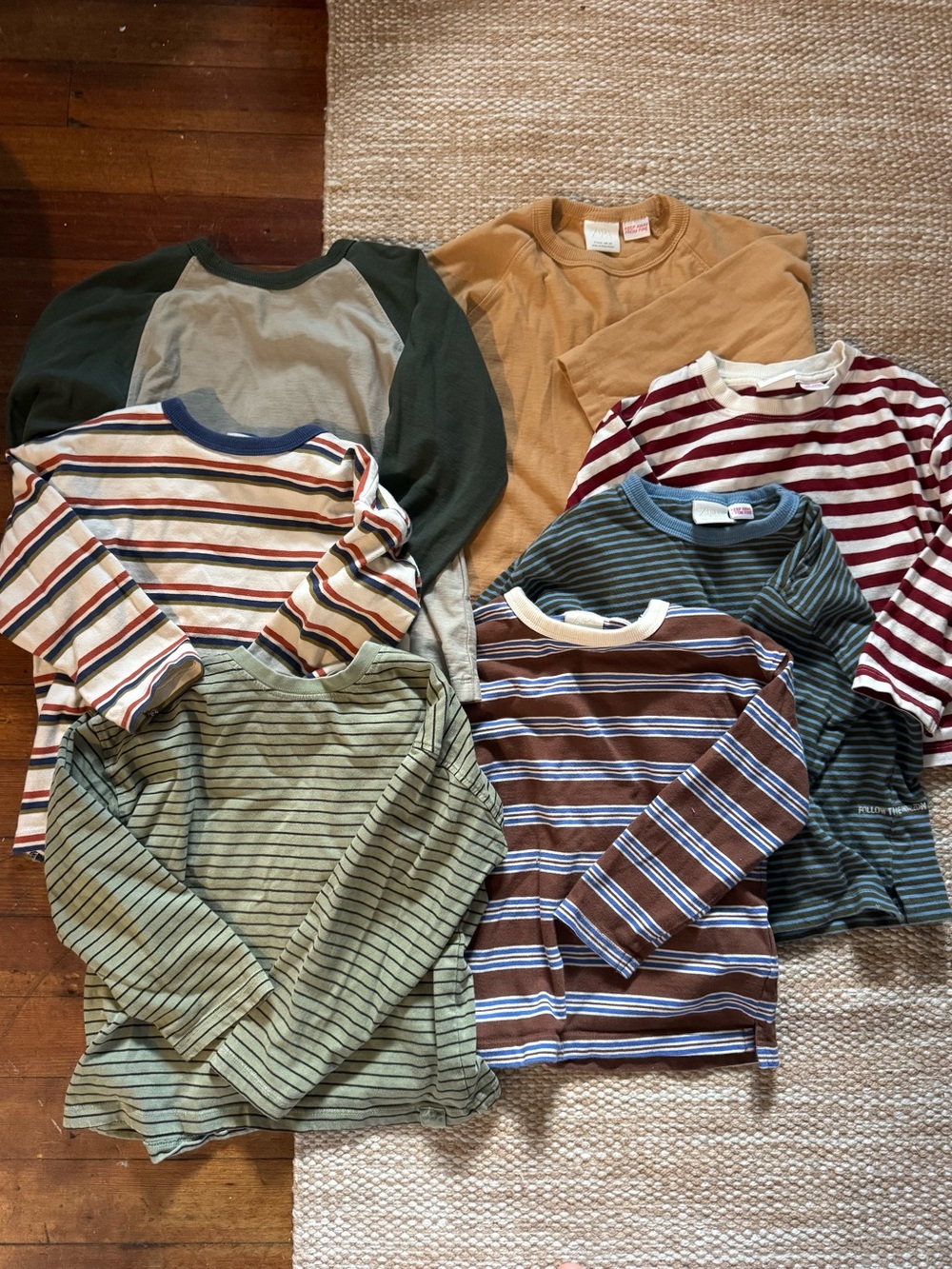 Zara Kids Long-Sleeve Tees in Olive Green, Mustard, Maroon & Brown Stripes